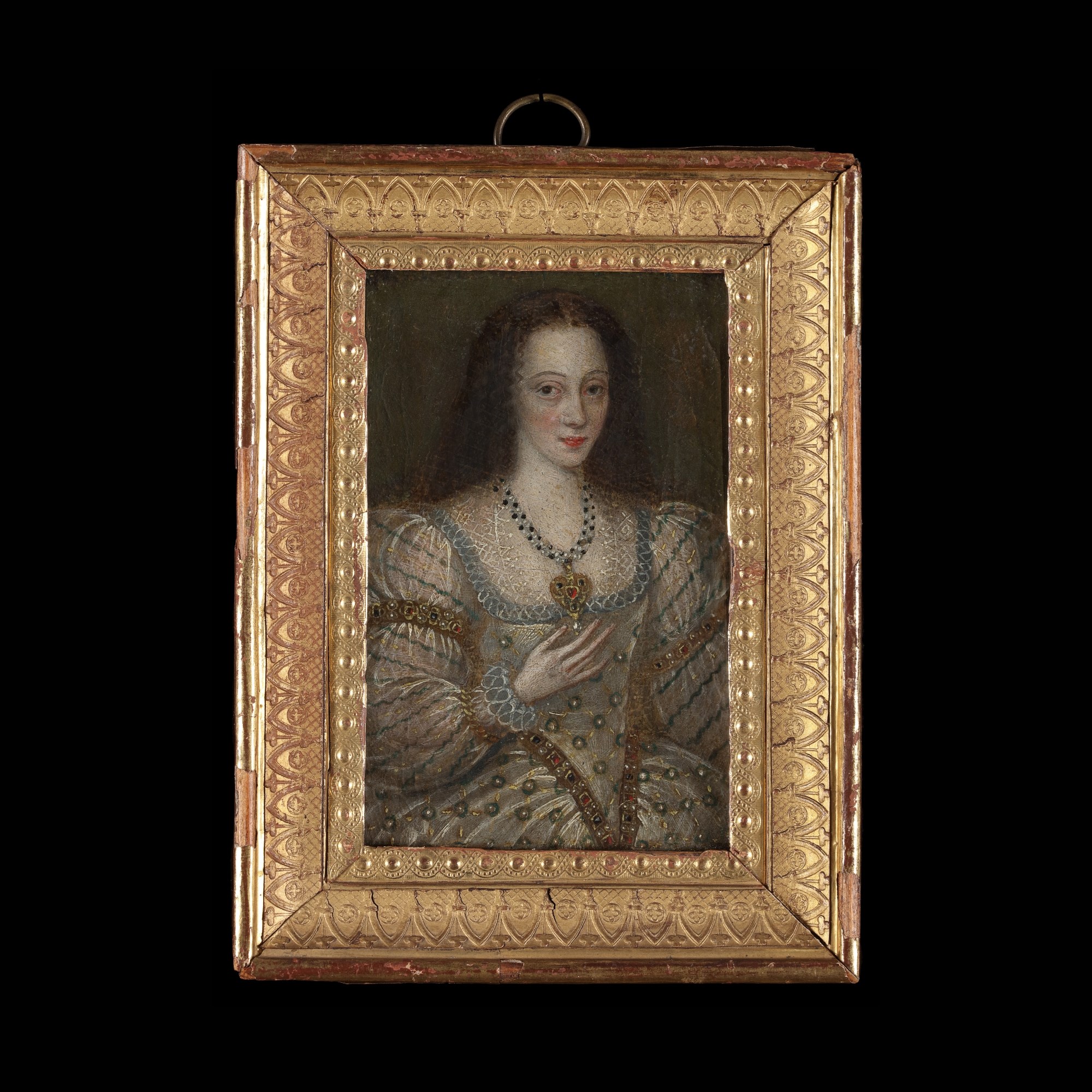 A young Lady, possibly Lady Arbella (or Arabella) Stuart (1575–1615), wearing silver dress adorned with jewels, lace insert, her right hand resting on a heart-shaped locket on a diamond chain